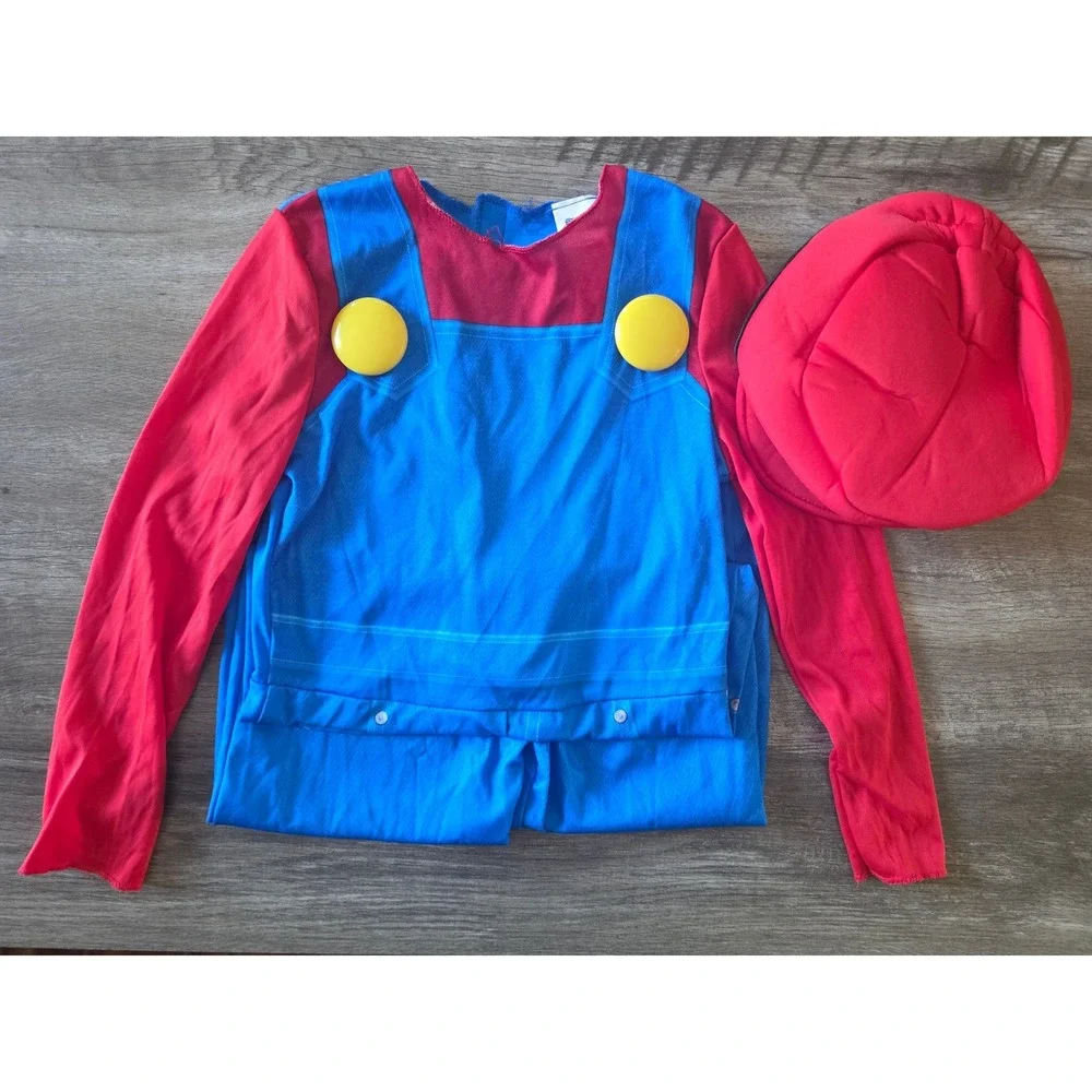 Super Mario Kids Halloween Costume Jumpsuit with Hat Red Blue Size Medium 7-8